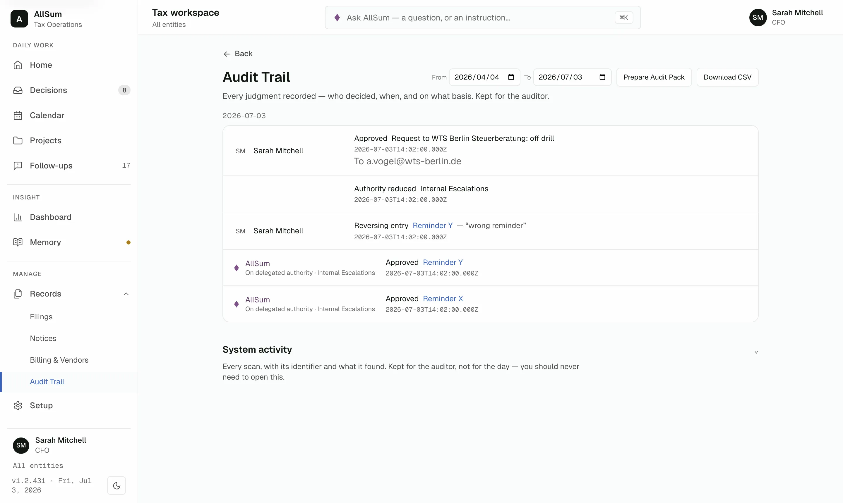 The AllSum Audit Trail: a chronological record of approvals and reversing entries, each showing who decided and on what basis.
