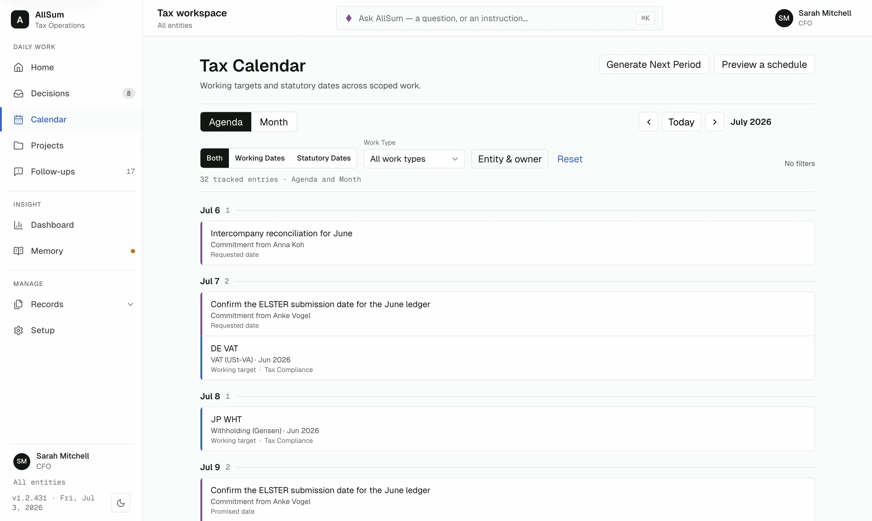 The AllSum Tax Calendar: statutory filing deadlines and internal working targets shown side by side.