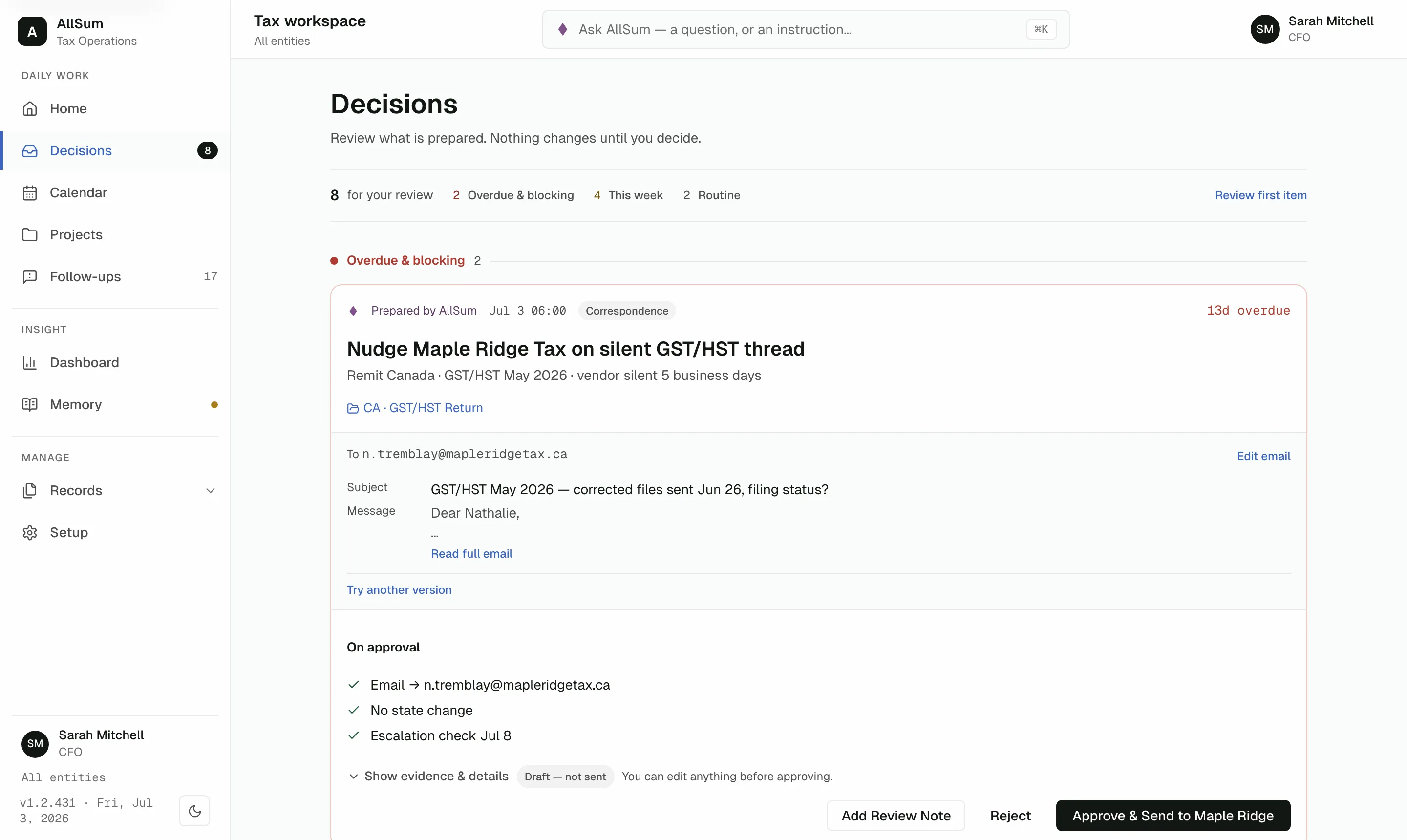 The AllSum Decisions screen: a prepared vendor email held as a draft with its evidence attached, next to an approve button that names its consequence.