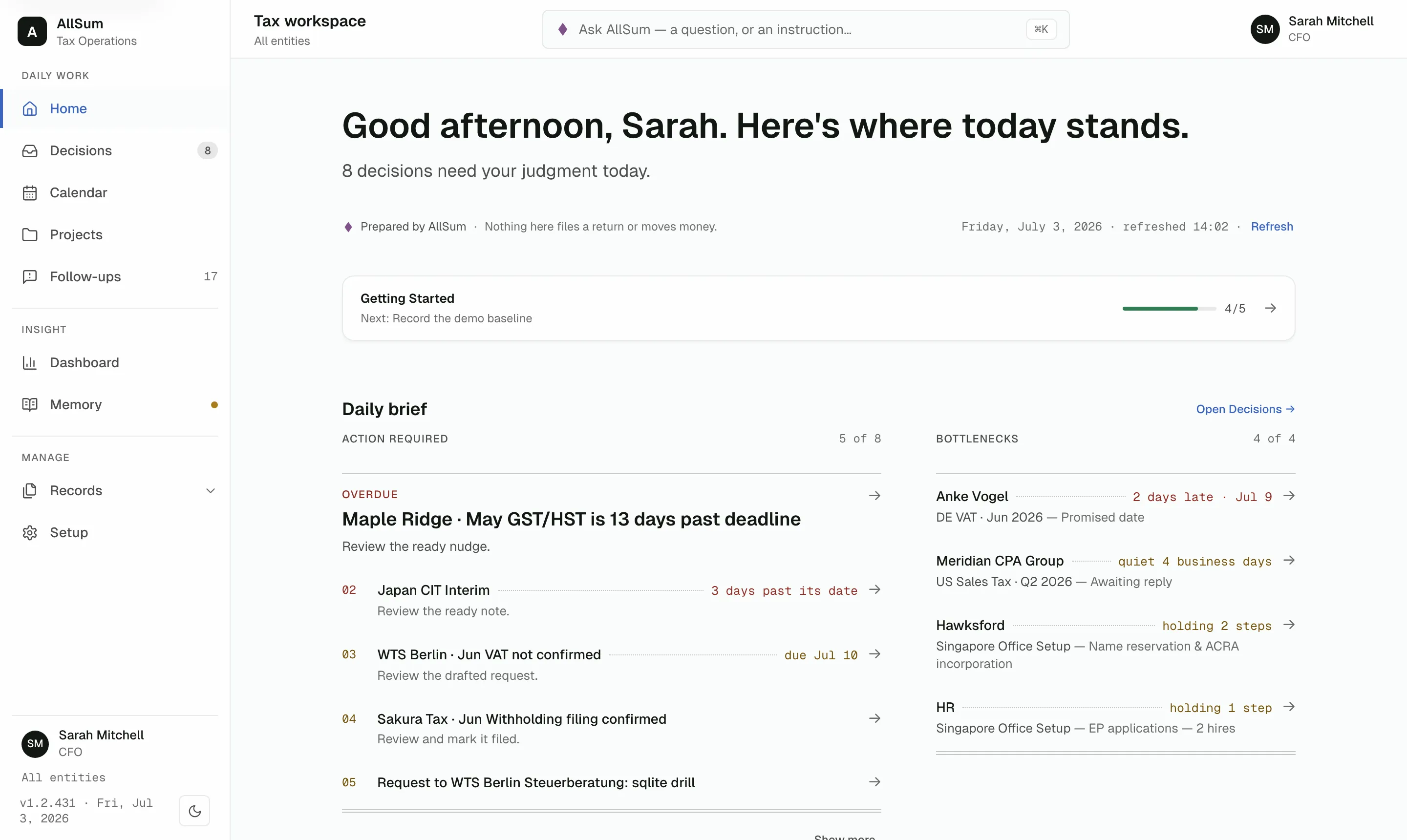 The AllSum Home screen: an operating index of what needs attention, with dotted leaders and monospaced dates.